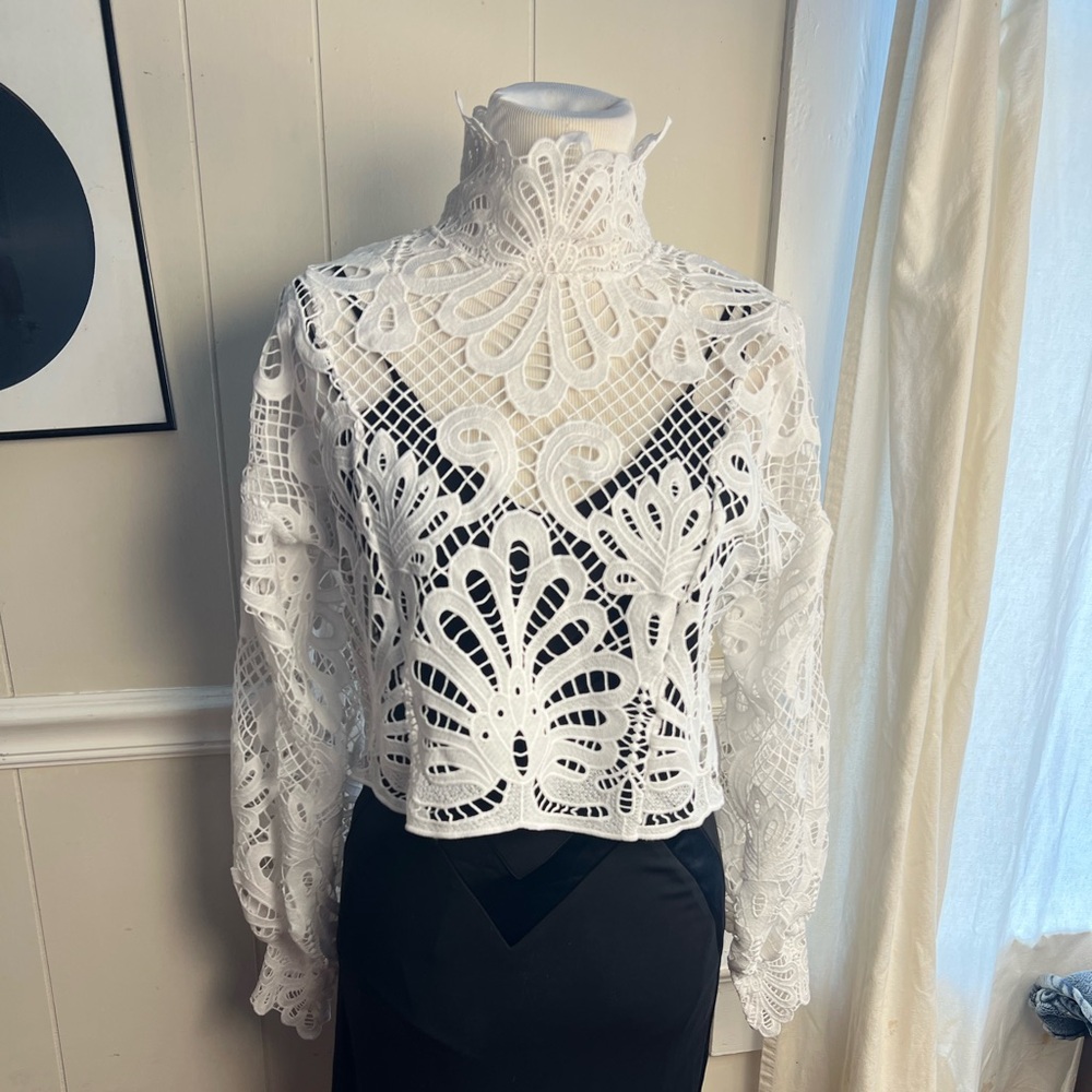 White Embellished Crop Blouse with Long Sleeves